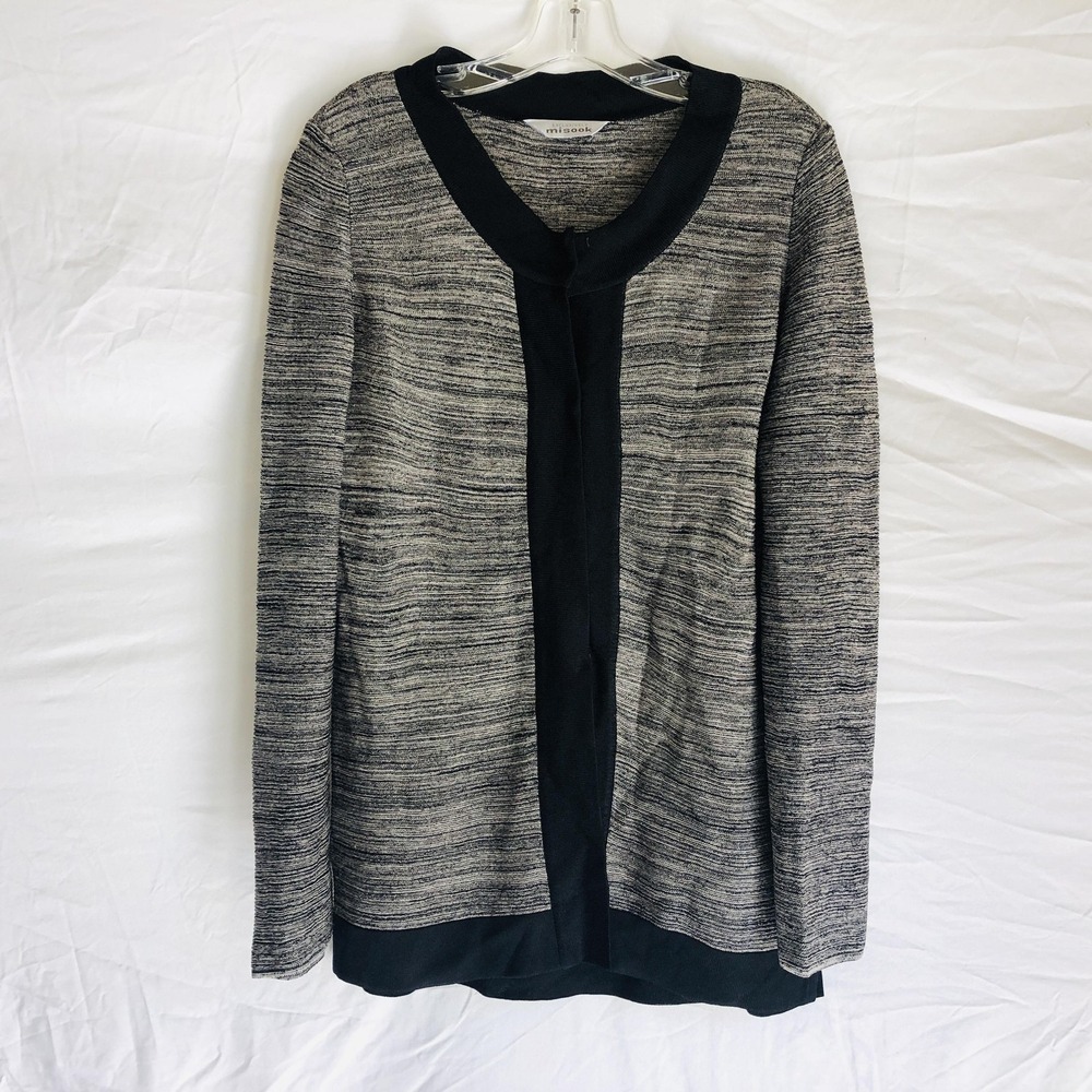 Misook Cardigan Sweater Womens Large Black Gray Button Front Knit Jacket Long